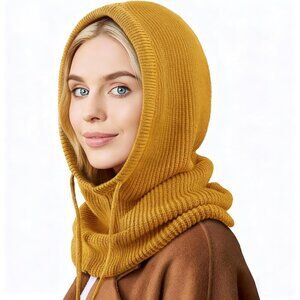 Women's Scarf Hat Balaclava Beanie Skull Cap with Drawstring Warm Hat Yellow